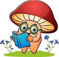 The clever mushroom is reading the book in the garden