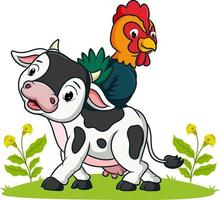 The small cow is playing with the rooster vector