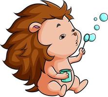 The little hedgehog is blowing the bubble soap vector