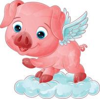 The angel pig with the little wings is flying with the magic cloud vector