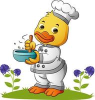 The cute duck chef is string the spoon in the bowl vector