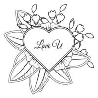 Mehndi flower with frame in shape of heart. decoration in ethnic oriental, doodle ornament. vector