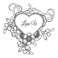 Mehndi flower with frame in shape of heart. decoration in ethnic oriental, doodle ornament. vector