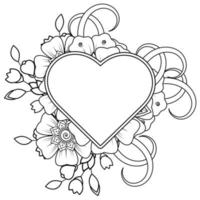 Mehndi flower with frame in shape of heart. decoration in ethnic oriental, doodle ornament. vector