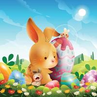 Easter Day Concept with Bunnies and Easter Eggs in The Meadow vector