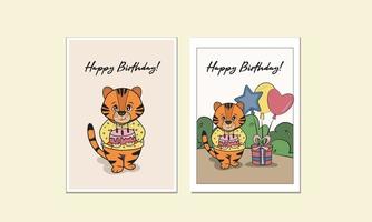 happy birthday baby tiger with birthday cake and gift. set of vector illustrations for party  or card