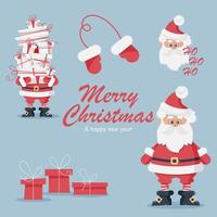 Christmas and New Year elements set. Cute Santa Claus with glasses, beard and moustache, in his suit and red mittens, black boots and buckle belt, gift boxes. vector