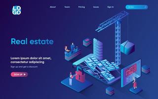 Real estate concept isometric landing page. Construction company building new houses for selling, sale of apartments, 3d web banner template. Vector illustration with people scene in flat design
