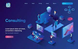 Consulting concept isometric landing page. Business management and administration, accounting report, expert consultation, 3d web banner template. Vector illustration with people scene in flat design