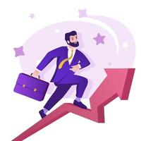 Business growth flat character concept for web design. Businessman with briefcase develops project, increases profits, modern people scene. Vector illustration for social media promotional materials.