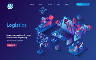 Logistics concept isometric landing page. Express delivery service at map, warehousing, distribution and global shipping 3d web banner template. Vector illustration with people scene in flat design