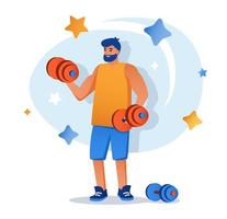 Bodybuilder flat character concept for web design. Strong man doing exercises with dumbbells, doing weightlifting, modern people scene. Vector illustration for social media promotional materials.