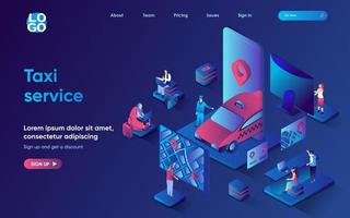 Taxi service concept isometric landing page. Online car booking, transportation and route tracking location in mobile app, 3d web banner template. Vector illustration with people scene in flat design
