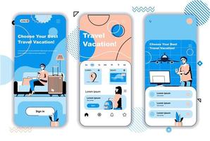 Travel vacation concept onboarding screens for mobile app templates. Travelers with luggage fly on rest trip. UI, UX, GUI user interface kit with people scenes for web design. Vector illustration