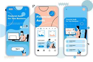 pantallas de incorporación de concepto de auditoría financiera para plantillas de aplicaciones móviles. contabilidad y cálculo de estadísticas presupuestarias. Kit de interfaz de usuario ui, ux, gui con escenas de personas para diseño web. ilustración vectorial vector