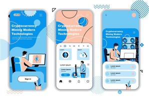 Cryptocurrency mining concept onboarding screens for mobile app templates. Crypto money exchange or transaction. UI, UX, GUI user interface kit with people scenes for web design. Vector illustration