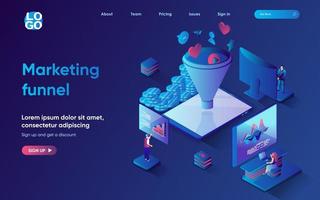 Marketing funnel concept isometric landing page. Team attracts new customers making purchases and generating sales, 3d web banner template. Vector illustration with people scene in flat design