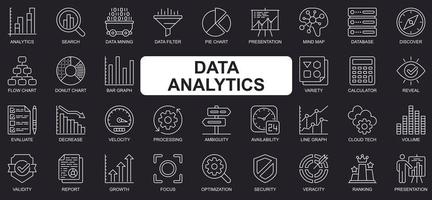 concepto de análisis de datos conjunto de iconos de línea simple. paquete de búsqueda, filtro de minería, gráfico circular, presentación, base de datos, calculadora y otros. símbolos de esquema de paquete de vectores para el diseño de sitios web o aplicaciones móviles