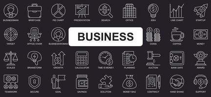 Business concept simple line icons set. Bundle of businessman, briefcase, presentation, startup, target, businesswoman, goal and other. Vector pack outline symbols for website or mobile app design