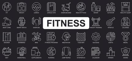 concepto de fitness conjunto de iconos de línea simple. paquete de ajuste, peso, cardio, gimnasio, bicicleta estática, entrenamiento, natación, carrera, dieta y otros. símbolos de esquema de paquete de vectores para el diseño de sitios web o aplicaciones móviles