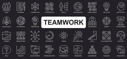 Teamwork concept simple line icons set. Bundle of team, planning, connection, cooperation, optimization, brainstorm, achievement and other. Vector pack outline symbols for website or mobile app design