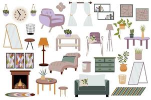 Scandinavian interior collection in flat design. Furniture for cozy room with armchairs, tables, houseplants, pictures, decor and others isolated elements set. Vector illustration. Hand drawn style.