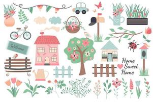 Sweet home collection in flat design. Cute houses, blooming trees, car, bicycle, wooden fences, flowers and bouquets, mailbox and others isolated elements set. Vector illustration. Hand drawn style.