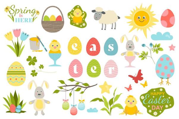 Happy Easter collection in flat design. Festive bright eggs, cute rabbits and chicks, spring flowers set. Celebrating holiday with gifts isolated elements. Vector illustration. Hand drawn style.