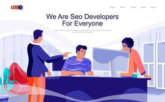 Seo developers concept isometric landing page. People work at computer, optimize sites for search engines, online promotion, 3d web banner. Vector illustration in flat design for website template