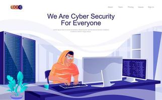 Cyber security concept isometric landing page. Man works at computer, protection personal data from phishing, 3d web banner with people scene. Vector illustration in flat design for website template