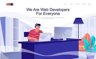 Web developers concept isometric landing page. Man creates software and programs, works at computer in office, 3d web banner with people scene. Vector illustration in flat design for website template