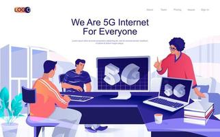 Página de inicio isométrica del concepto de internet 5g. personas que usan puntos de acceso de señal wifi en computadoras, tecnología inalámbrica global de alta velocidad, banner web 3d. ilustración vectorial en diseño plano para plantilla de sitio web vector