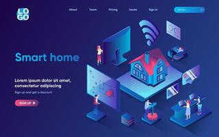 Smart home concept isometric landing page. Automation control and monitoring of sensors in house with app, security system, 3d web banner template. Vector illustration with people scene in flat design