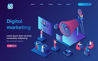 Digital marketing concept isometric landing page. Team promote business, advertisement, attract customers with megaphone, 3d web banner template. Vector illustration with people scene in flat design