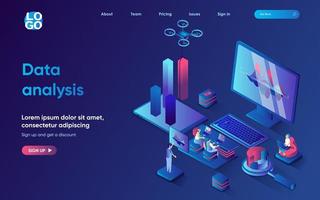 Data analysis concept isometric landing page. Team analyze financial statistics, analyze data charts and analytics graph, 3d web banner template. Vector illustration with people scene in flat design