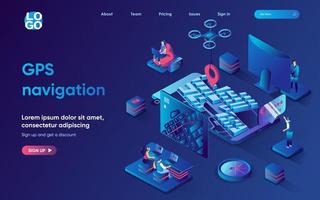 GPS navigation concept isometric landing page. Online tracking on the city map, transportation and routing with app, 3d web banner template. Vector illustration with people scene in flat design