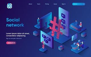 Social network concept isometric landing page. Users browsing, chatting, viewing feed, sharing, commenting and following, 3d web banner template. Vector illustration with people scene in flat design