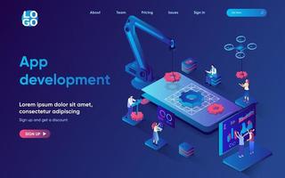 App development concept isometric landing page. Team create and optimizes mobile application, interface building process 3d web banner template. Vector illustration with people scene in flat design