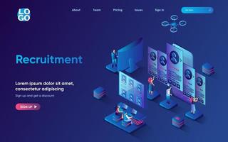 Recruitment concept isometric landing page. HR managers review resumes and select candidates for vacancy, human resources, 3d web banner template. Vector illustration with people scene in flat design