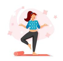 concepto de carácter plano de entrenamiento de yoga para diseño web. mujer feliz practicando asanas y meditando, estilo de vida saludable, escena de gente moderna. ilustración vectorial para materiales promocionales de redes sociales. vector