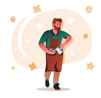 Barista makes coffee flat character concept for web design. Man holding cup with beverage and working in coffee shop, modern people scene. Vector illustration for social media promotional materials.
