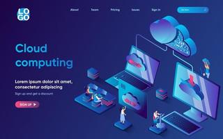 Cloud computing concept isometric landing page. Cloud technology of files download and storage, data connection network, 3d web banner template. Vector illustration with people scene in flat design