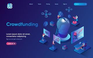 Crowdfunding concept isometric landing page. Fundraising at new business project, startup investment, collective donation 3d web banner template. Vector illustration with people scene in flat design