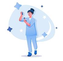Nurse with syringe flat character concept for web design. Woman in uniform works in medical clinic, doctor assistant, modern people scene. Vector illustration for social media promotional materials.