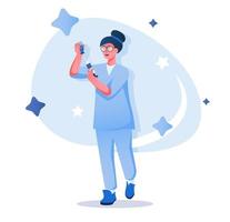 Nurse with syringe flat character concept for web design. Woman in uniform works in medical clinic, doctor assistant, modern people scene. Vector illustration for social media promotional materials.