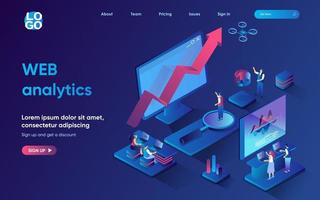 Web analytics concept isometric landing page. Team studying business data at graph and charts, data analysis service, 3d web banner template. Vector illustration with people scene in flat design