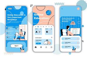 pantallas de incorporación de concepto de educación en línea para plantillas de aplicaciones móviles. cursos de video, e-learning, estudio a distancia. Kit de interfaz de usuario ui, ux, gui con escenas de personas para diseño web. ilustración vectorial vector