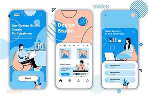 Design studio concept onboarding screens for mobile app templates. Designers team drawing and working in studio. UI, UX, GUI user interface kit with people scenes for web design. Vector illustration