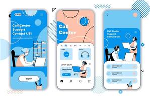 Call center concept onboarding screens for mobile app templates. Operators advise clients, respond to messages. UI, UX, GUI user interface kit with people scenes for web design. Vector illustration