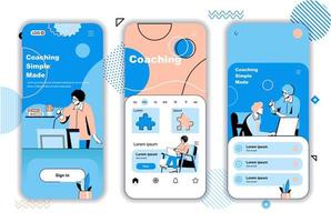 Coaching concept onboarding screens for mobile app templates. Business consultant trains, instructs and motivates. UI, UX, GUI user interface kit with people scenes for web design. Vector illustration